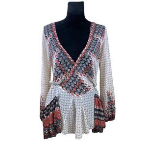 Free People Boho Geometric Chiffon Tunic Blouse Deep V-Neck SZ S Balloon Sleeves